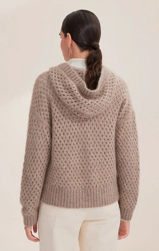 Camel alpaca-blend openwork zip cardigan, back view with hood and loose-knit texture