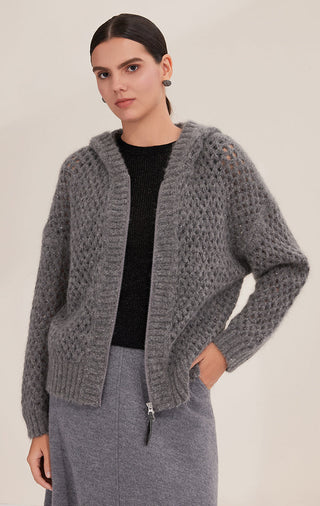 Gray openwork zip cardigan with ribbed hem and cuffs
