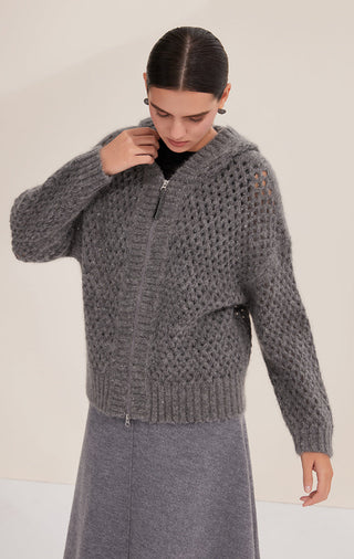 Gray openwork zip cardigan with high neckline and textured knit