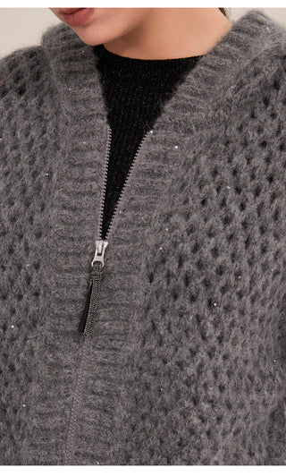 Close-up of gray openwork zip cardigan zipper and knit pattern