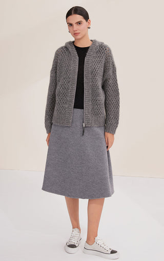Gray openwork zip cardigan, open front, ribbed cuffs and hem