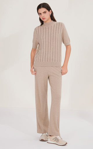Camel cashmere mock neck top with short sleeves, vertical sequin stripes, relaxed fit