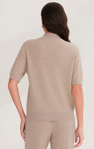Camel cashmere mock neck top, back view, with vertical sequin stripe knit design