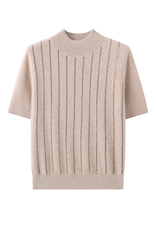 Camel cashmere mock neck top flat lay with vertical sequin stripe detail on front
