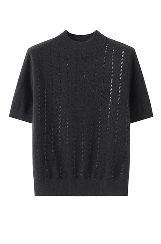 Black cashmere mock neck tee with vertical sequin stripe detailing on the front