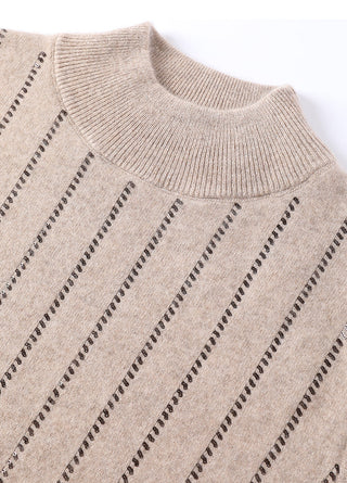 Close-up of camel mock neck collar and sequin stripe rows on cashmere knit