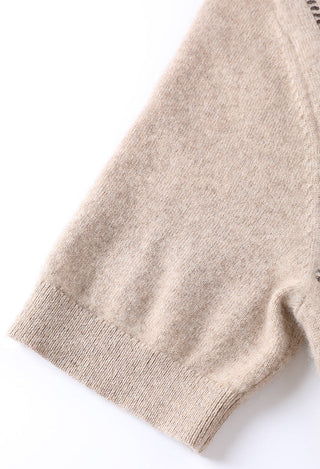 Camel cashmere mock neck top sleeve cuff and hem edge, soft knit texture