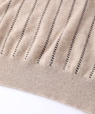 Close-up of camel knit front with vertical sequin stripe rows