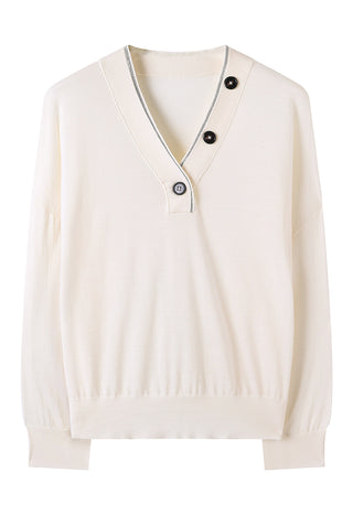 Off-white wool V-neck pullover with two-button placket and shimmering trim detail