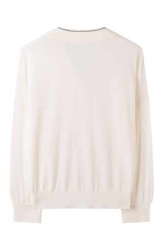 Back view of off-white wool V-neck pullover with ribbed cuffs and hem