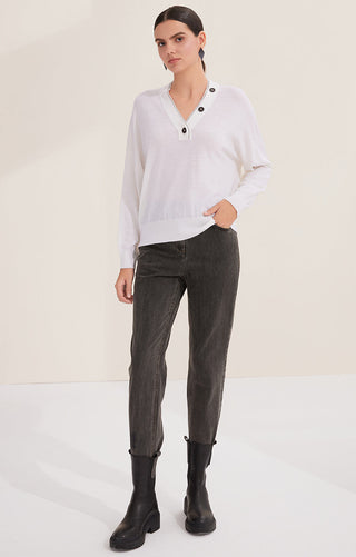 Off-white wool V-neck button pullover with shimmering-trim neckline and relaxed fit