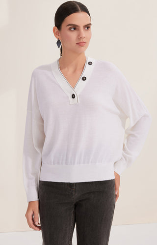 Off-white wool V-neck pullover with two-button placket and subtle shimmering trim