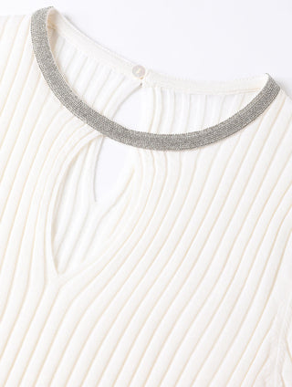 Close-up of white sweater ribbed knit neckline with gray-trimmed keyhole opening