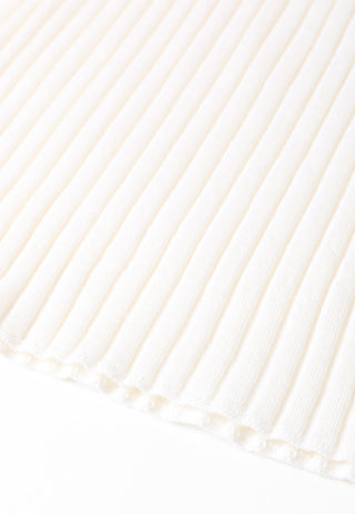 White wool ribbed knit sweater fabric with vertical texture and ribbed hem finish