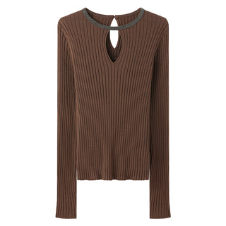 Brown ribbed wool knit sweater flat lay with V cutout neckline and contrast collar trim