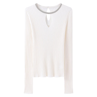 Flat lay of white ribbed knit sweater with long sleeves and teardrop neck cutout