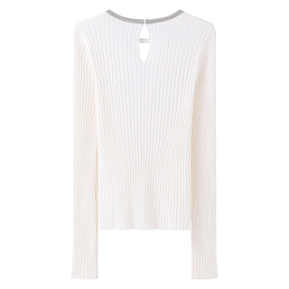 Flat lay back view of white ribbed knit sweater with long sleeves