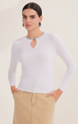 White ribbed knit sweater with long sleeves and center keyhole cutout at the neck