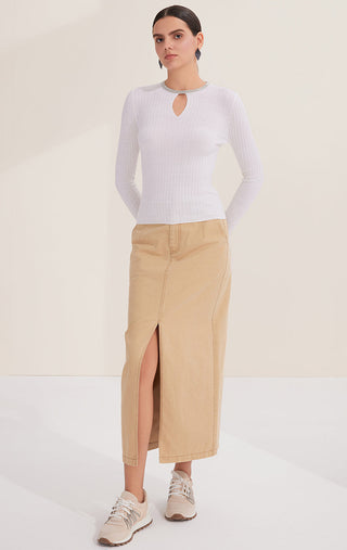 White wool ribbed knit sweater with long sleeves and teardrop neck cutout