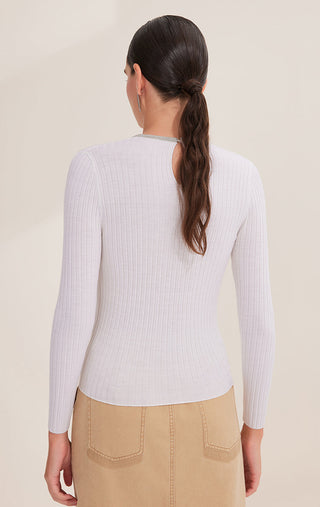 Back view of white wool ribbed knit sweater with long sleeves, no neck cutout