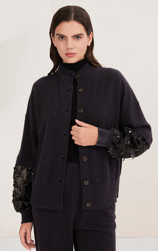 100% Pure Cashmere Embellished Sleeve Knit Cardigan