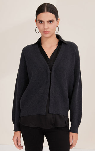 Black wool cardigan front with deep V neckline, button placket, and draped collar
