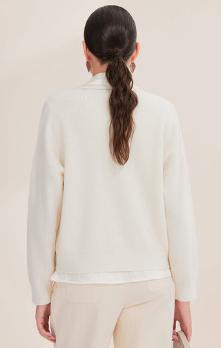 Back view of white wool cardigan with ribbed texture and layered hem