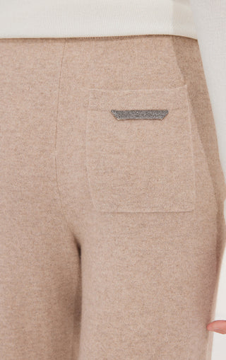 Camel cashmere knit pants with beaded detail on back pocket
