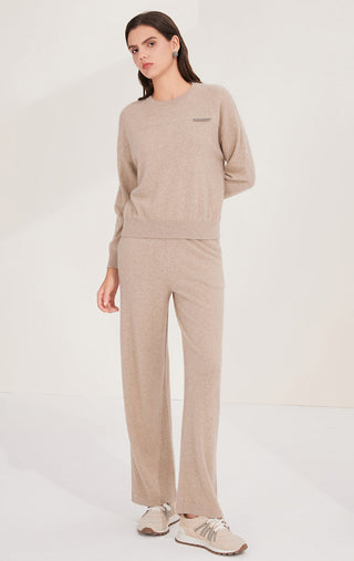 Camel cashmere lounge pants with wide-leg drape and side pocket detail