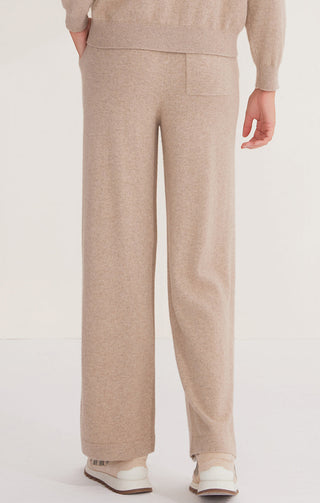 Camel cashmere knit pants, relaxed straight fit with front crease