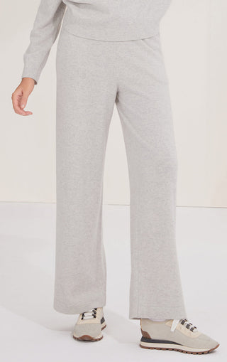 Light gray cashmere knit pants with relaxed straight silhouette