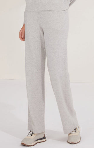 Light gray cashmere knit pants with wide straight legs and side pockets