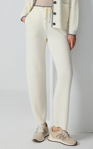 White pure wool ribbed knit pants with drawstring waist and side pockets