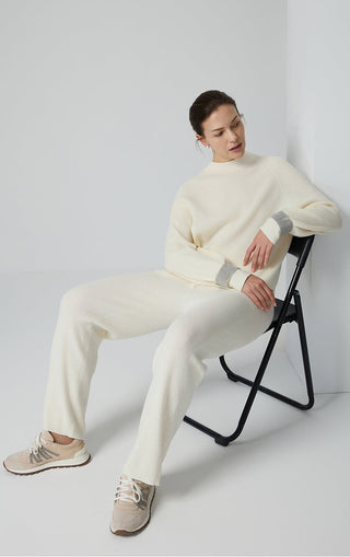 White pure wool ribbed knit pants, relaxed ankle-length straight leg