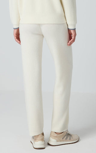 White ribbed knit pants, tapered ankle fit with elastic waistband