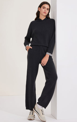 Dark gray wool knit wide-leg pants, drawstring waist and relaxed straight fit