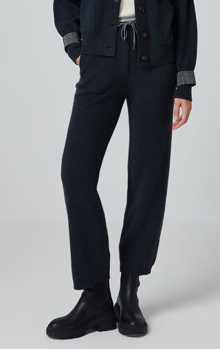 Graphite gray pure wool ribbed knit pants with drawstring waist and side pockets