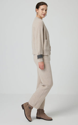 Camel ribbed knit pants, relaxed straight leg, ankle length
