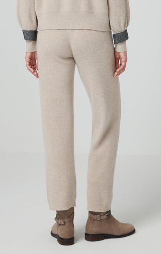 Camel ribbed knit pants, tapered legs to ankle, soft knit cuff