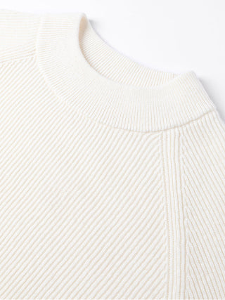 Close-up of ivory ribbed crewneck with fine vertical knit texture