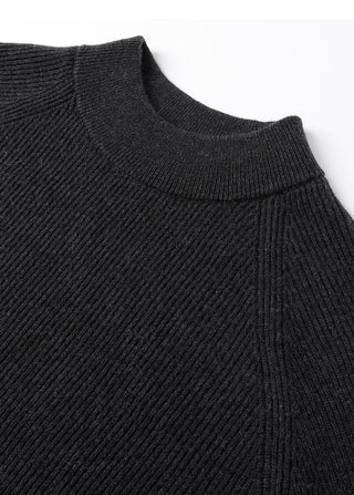 Graphite gray ribbed crew-neck sweater with textured cuff band and beaded chain trim
