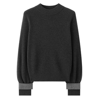 Graphite gray wool ribbed knit sweater flat lay, crew neck and long sleeves