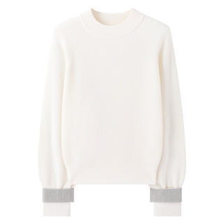 Ivory ribbed knit sweater flat lay, crew neck and contrast cuff bands
