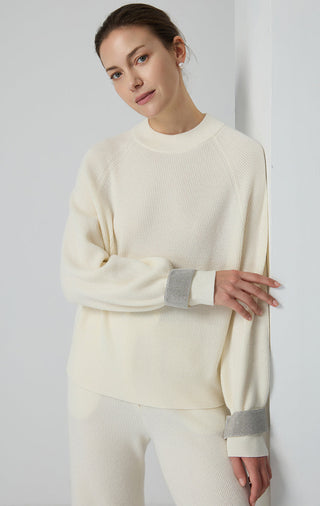 Pure Wool Ribbed Sweater with Metallic Cuffs