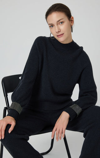 Graphite gray wool ribbed knit sweater, wide cuffs with beaded chain trim, crew neck