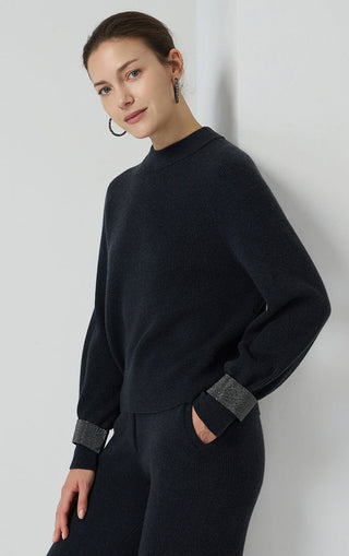 Graphite gray wool ribbed knit sweater with beaded chain cuff detail, crew neck