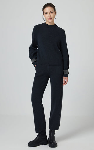 Graphite gray wool ribbed knit sweater with beaded chain cuffs and matching pants