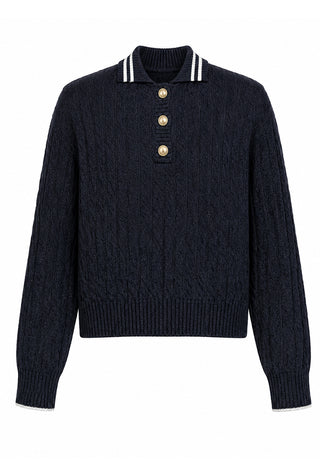 Dark knit polo sweater with ribbed collar and three-button placket