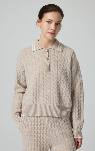 Camel wool cable-knit polo sweater, button placket, ribbed hem and cuffs