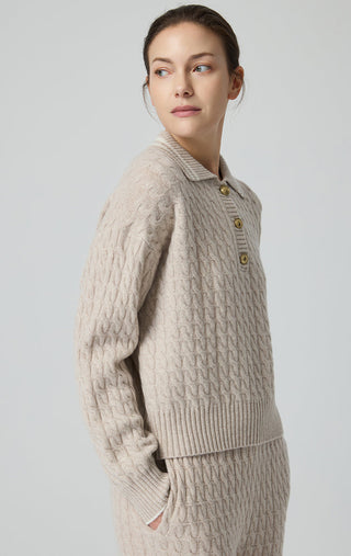 Camel wool cable-knit polo sweater with gold buttons, ribbed cuffs and hem